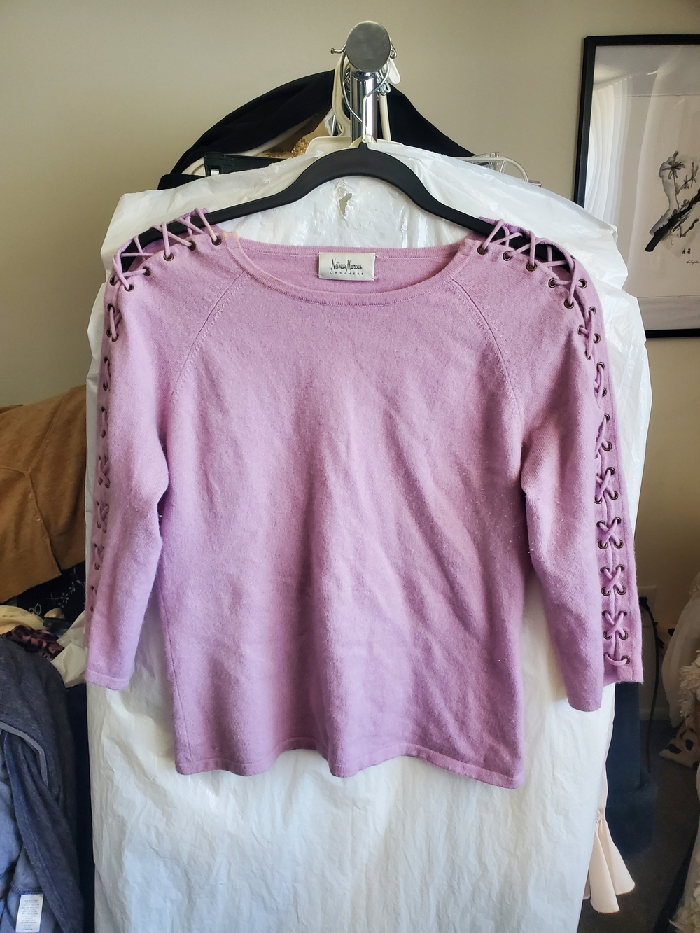 Neiman Marcus Lavender Crewneck Sweater with Lace-Up Sleeve Detail